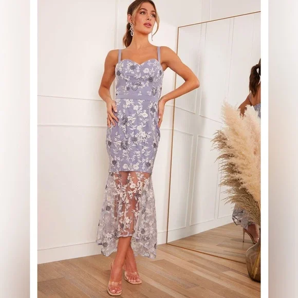 Dresses | Chi Chi London Blue Peplum Embroidered Lace Bodycon Dress |  Poshmark